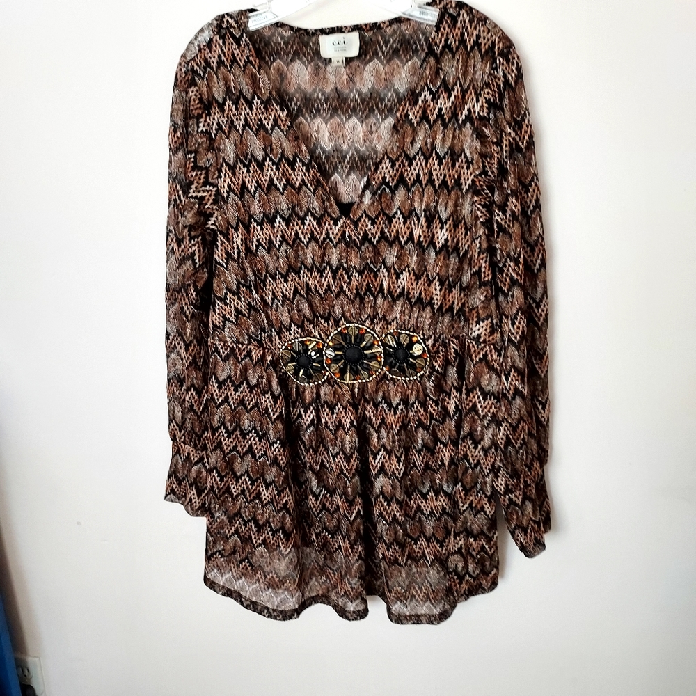 ECI Woman NY Brown Rhinestone Tunic 1X Grandmacore Quiet Luxury Old Money Fall